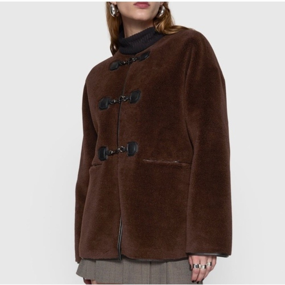 $268 Rebecca Minkoff Shearling Toggle Jacket Women's Large Chocolate Brown NWT‎ - Picture 3 of 8